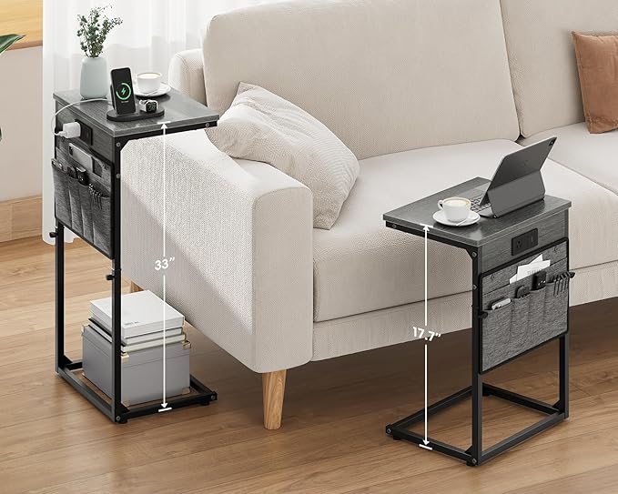 Vagusicc C Shaped End Table with Charging Station, 33" Tall Side Table for Couch, Sofa Table Adjustable Height Couch Side C Table, Slide Under Sofa Tray Table for Living Room Bedroom, Gray Walnut