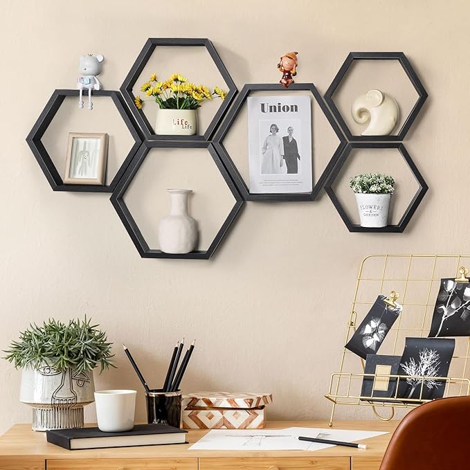 YBING Hexagon Floating Shelves Black Hexagonal Shelves Set of 6 Wood Honeycomb Shelves for Farmhouse MDF Hexagon Wall Decor Storage Shelves for Bedroom Office Living Room