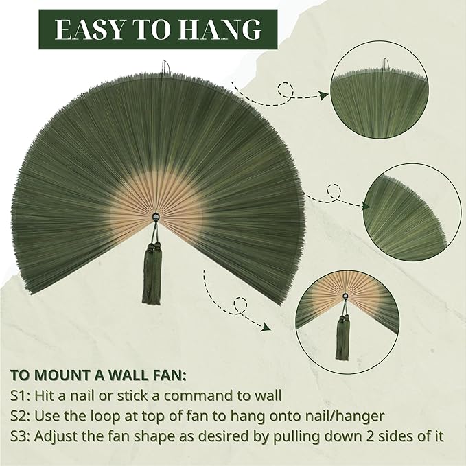 ChumDecor Fan Wall Decor,Large Bamboo Fan Wall Art for Boho Hanging Headboard,Decorative Folding Fans for Over Bed Decorations (Dark Moss Green 31inch)