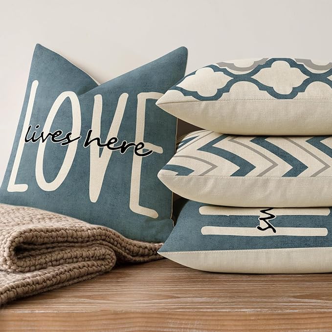 YCOLL Farmhouse Pillow Covers 18x18 Set of 4 Throw Pillow Covers Rustic Linen Decorative Pillows Square Cushion Covers for Couch Sofa Bedroom Home Decor