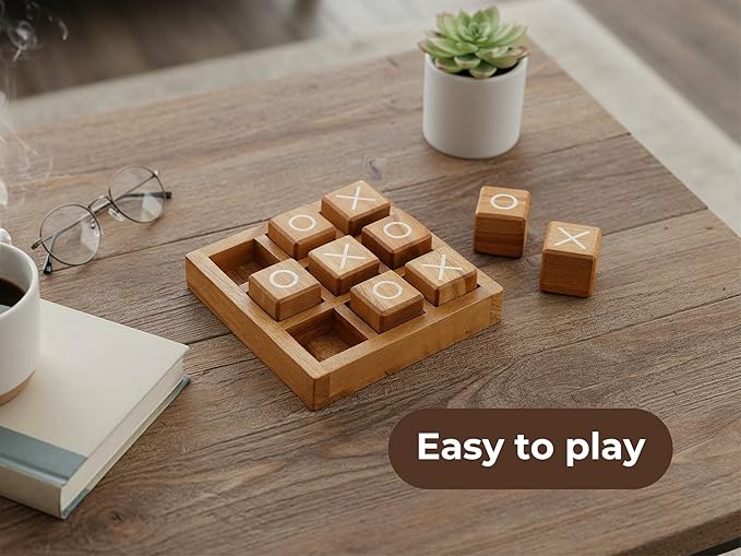 BSIRI Wooden XO Blocks Tic Tac Toe Travel Game Coffee Tabletop Family Living Room Decoration Games Night for Adults for Desk and Bookshelf Decor Unique Wood Gifts 5.5 Inch