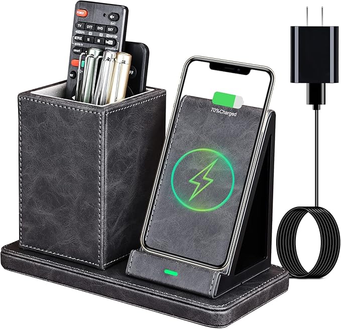 Wireless Charger with Desk Organizer, Wireless Charging Station for iPhone 13/13 Pro Max/13 Pro/12 Series/11/XS Max/XR/X/8Plus/SE 2, Wireless Charging Stand with Leather… (Gray)