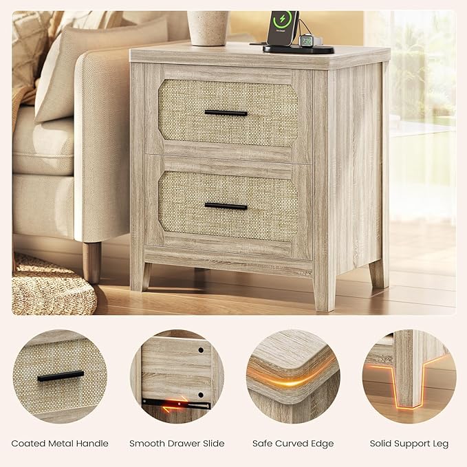 Rattan Nightstand Set of 2 with Charging Station, 22'' Wide Bedside Table with 2 Storage Drawers & Metal Handle, Boho Night Stand End Side Table for Bedroom, Grey Oak