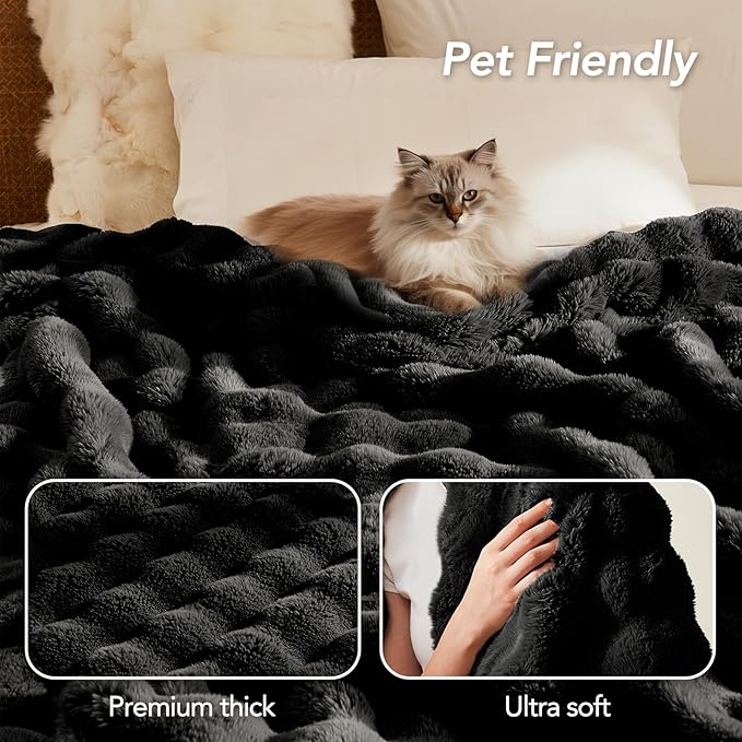 L'AGRATY Faux Rabbit Fur Blanket: 50" x 60" Luxury Soft Fluffy Thick Fur Throw Blanket for Couch Bed Sofa - Cozy Plush Bubble Blankets for Winter: Warm Flannel Fleece Decorative Blanket(Black)