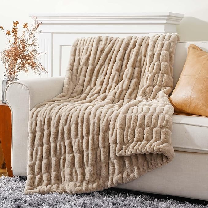 BATTILO HOME Beige Faux Fur Throw Blanket for Bed, Large Double Side Reversible Ruched Rabbit Fur Blanket for Couch, Living Room, Soft Warm Mink Cozy Blanket, 60x80 Inch