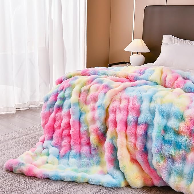 H&D Faux Fur Throw Blanket for Couch,Fluffy Cozy Soft Plush Luxury Thick Fuzzy Fleece Blanket for Couch Bed Sofa Bedroom Living Room,Comfy Bubble Blanket
