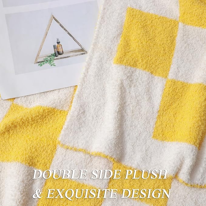 bearberry Fuzzy Checkerboard Grid Throw Blanket Soft Cozy Warm Microfiber All Season Blanket Decor for Couch Sofa Bed Travel Home (Yellow, 50''x60'')