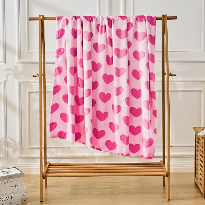 FY FIBER HOUSE Heart Flannel Queen Blanket Soft Cozy Blankets for Lover Gifts All Season Use, 90x90 Inches, Hot Pink
