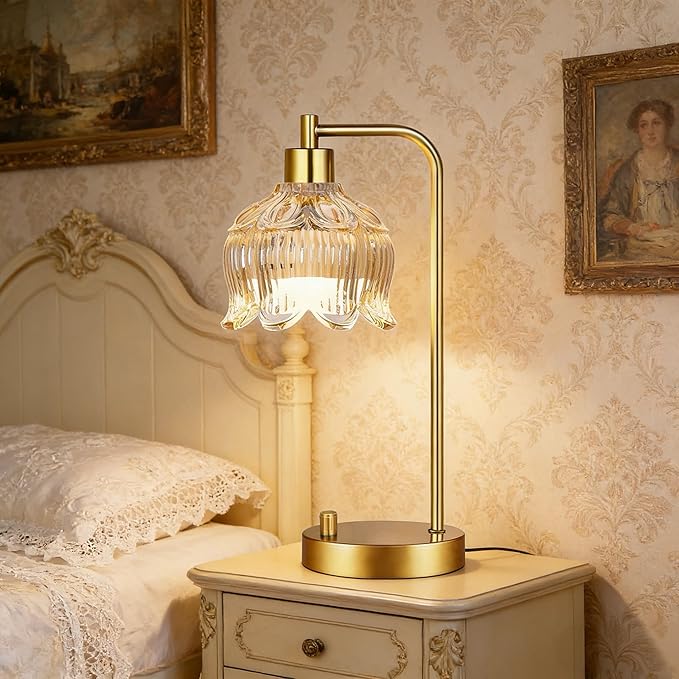 Glass Table Lamp Set of 2,Small Gold Bedside Lamps Dimmable Boho Bedroom Lamp with Tulip Flower Amber Lamp Shade,Vintage Mid Century Modern Mini Nightstand Lamp for Bedroom Living Room
