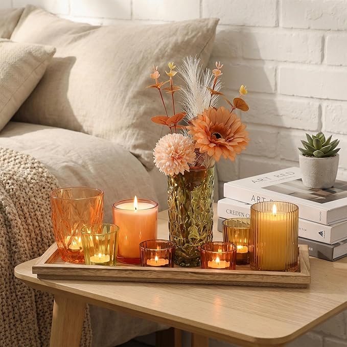 Votive Candle Holders Set with Wooden Tray - 8 Piece Rustic Colored Glass Candlestick & Solid Wood Centerpiece Decor for Mantel, Dining Table, Farmhouse Wedding Decor