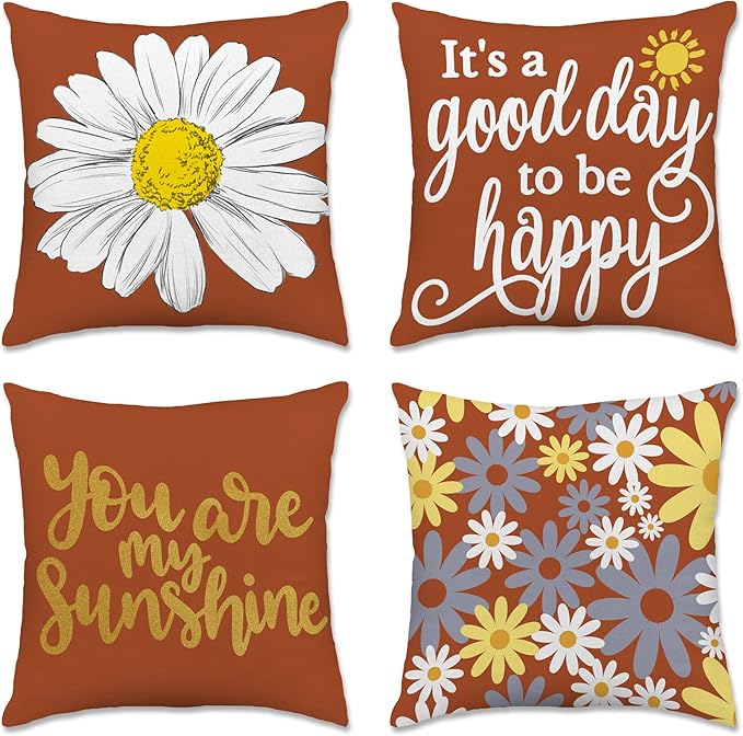 Hexagram Spring Summer Pillow Covers 18x18 Set of 4, Outdoor Floral Daisy Decorative Burnt Orange Throw Pillow Covers, You are My Sunshine Farmhouse Cushion Case for Couch Sofa Indoor Decor(No Insert)