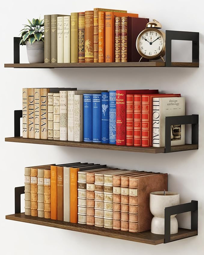 Floating Book Shelves for Wall 3-Pack, 24 Inch Long Wall Mount Bookshelf for Bedroom, Rustic Farmhouse Wood Hanging Bookshelves for Living Room Office Books Plants (Dark Brown)