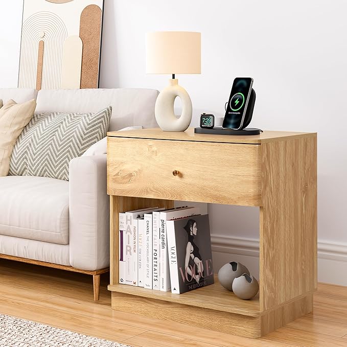 Modern Night Stand with Charging Station for Bedroom, Nightstand Bedside Table with Drawer and Storage Shelf for Bedroom (Natural-Charging Station-1 pc)