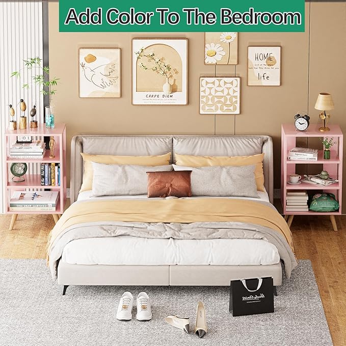 Night Stand, Pink Nightstand, Modern End Table with Open Storage, 3-Tier Wooden Bedside Table for Small Space, Living Room, Bedroom