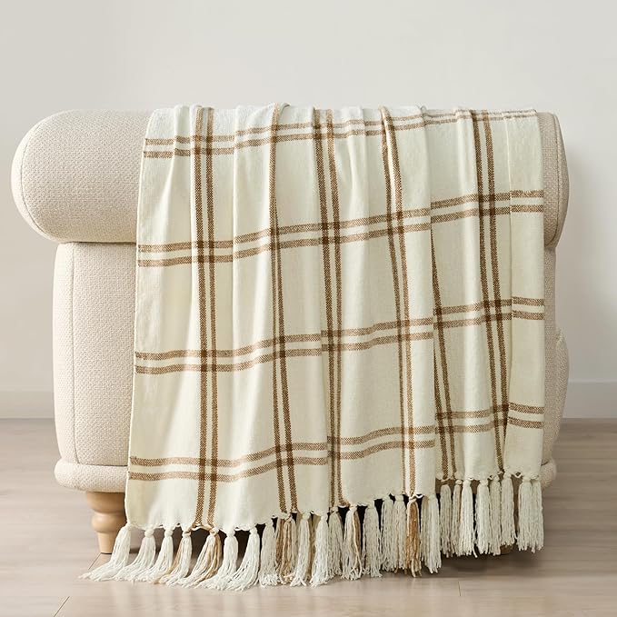 EverGrace Plaid Chenille Throw Blanket for Couch, Super Soft Cozy Decorative Windowpane Grid Plaid Throw with Tassels, Lightweight Chenille Knit Throw for Bed Sofa Gift, Cream & Beige 60"x80"