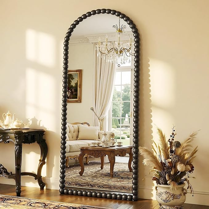 Antok 71" x 28" Arched Full Length Mirror, Antique Beaded Frame Floor Standing or Wall Mounted Mirror with Stand for Bedroom, Entryway, Black, Luxury Style
