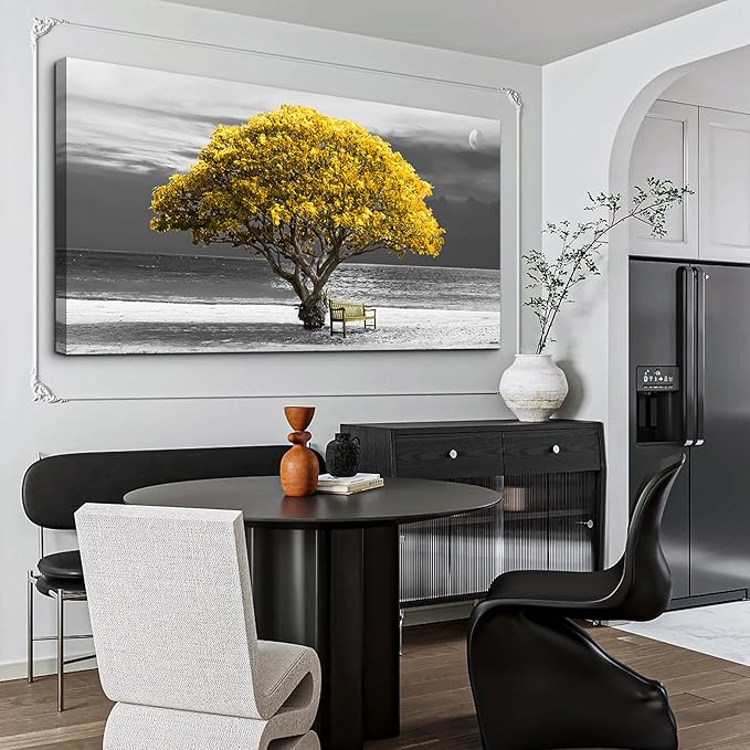 wall art for living room Decorations Photo Prints - panoramic black and white with yellow trees The moon scenery - Modern Home Decor The room Stretched and Framed Ready to Hang artwork 24X48inches