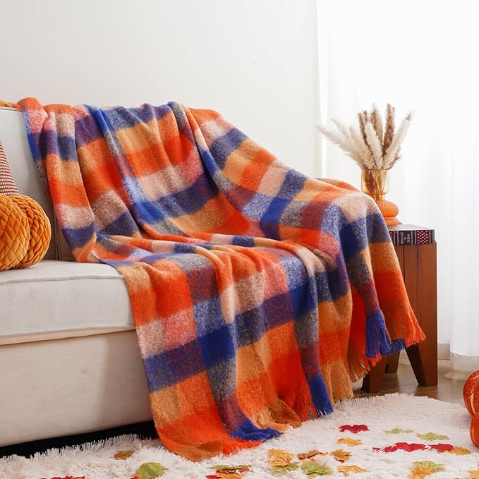BATTILO Fall Orange Plaid Throw Blanket for Couch, Colorful Mohair Tartan Plaid Blanket, Farmhouse Style Throw Blankets for Fall Home Decor(50"x60")