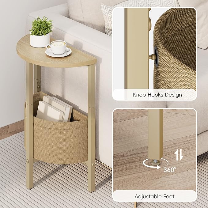 Vagusicc Small Round Side Table End Table, Tall Accent Table with Storage Basket, Set of 2 Half Round Tables Half Moon Tables, Coffee Bedside Tables, Modern Nightstand for Living Room Bedroom,Natural