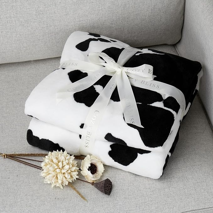 Cozy Bliss Cow Print Throw Blanket for Bed - Super Fuzzy Thick Soft Warm Fleece Blankets for Couch & Room Décor, for Women Men Girls Kids, Black & White Queen Size 90"*90"