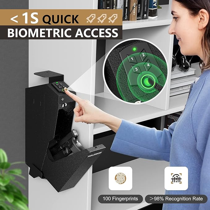 Gun Safe, Biometric Gun Safe for Handgun Drop Down Pistol Safe Mounted Single Handgun Safe with Fingerprint, Passcode, Key Access for Nightstand, Desk, Bedside