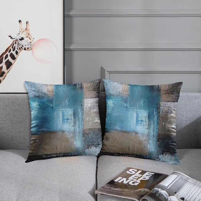 Britimes Throw Pillow Covers Modern Home Art Decor, 20 x 20 Inches Set of 2 Pillow Cases Decorative, Abstract Oil Painting Pillowcases for Bedroom, Living Room, Cushion Couch Sofa, Teal Grey