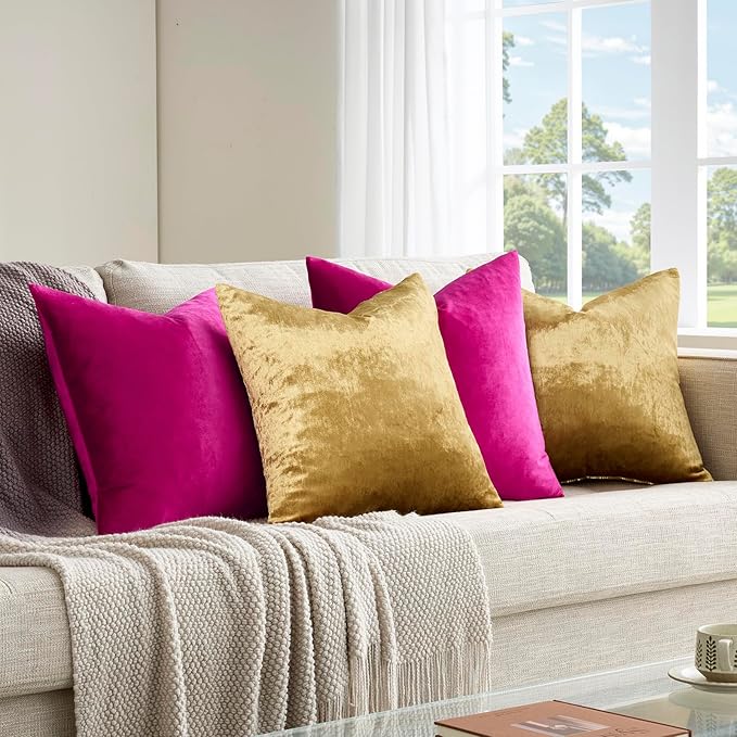 GIGIZAZA Velvet Pillow Covers 16x16,Hot Pink Gold Soft Throw Pillow Covers Set of 4 Square Decorative Modern Pillows Covers for Living Room
