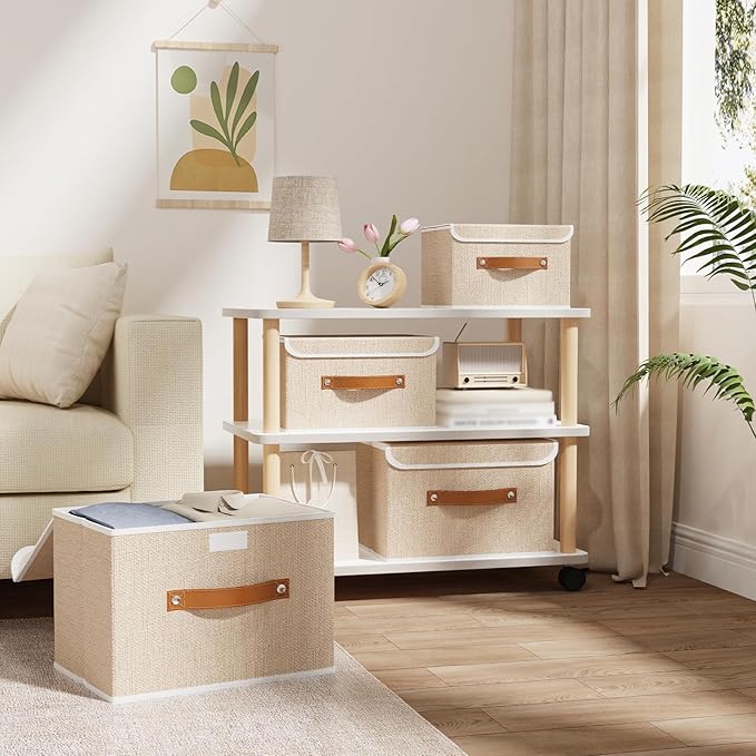 OUTBROS Storage Boxes, Collapsible Storage Bins with Lids, Cotton and linen cloth Storage Baskets with Handle, for Books, Closet, Bedroom, Home, 10.2x7.9x6.7 in, Beige