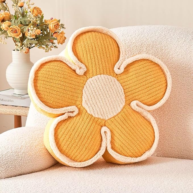 Kcvvcr Flower Pillow, Soft Flower Shaped Floor Cushion, Decorative Throw Pillow, Cute Seating Cushion, Room Decor Plush Pillow for Sofa Couch Bed, PP Cotton Fill, 13.7 Inch, Yellow