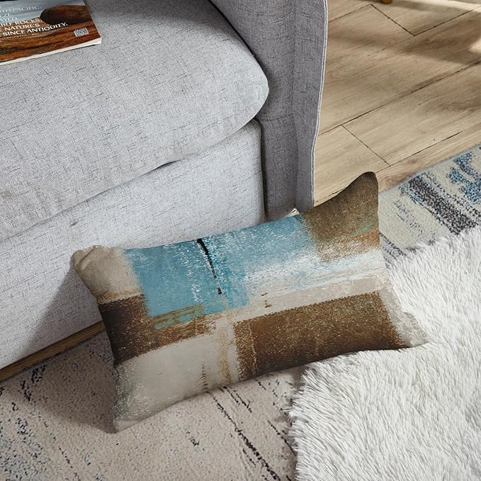 Britimes Throw Pillow Covers Modern Home Art Decor, 12 x 20 Inches Set of 2 Pillow Cases Decorative, Abstract Oil Painting Pillowcases for Bedroom, Living Room, Beige Blue