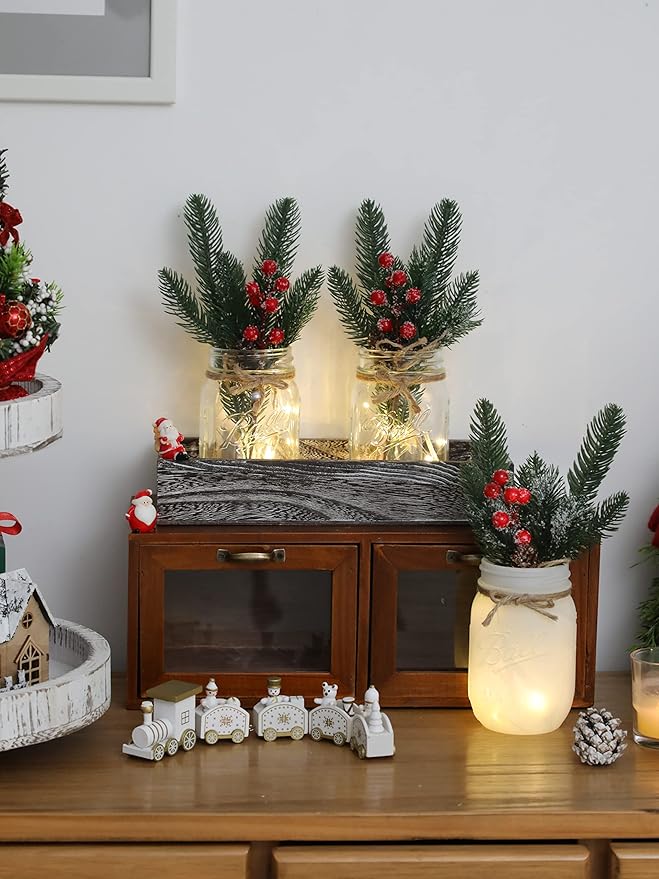 Winter Mason Jar Centerpiece for Table with LED Lights & Artificial Plants, Set of 3 Farmhouse Decorative Mason Jars for Christmas Home Decor, Winter Kitchen Dining Table Centerpiece