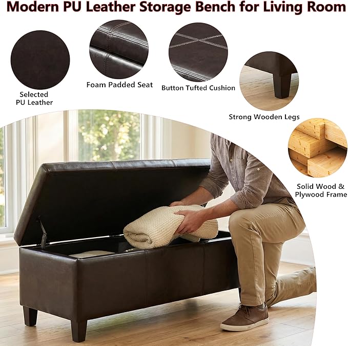 50.25" PU Leather Storage Ottoman Bench for Bedroom Bed End,Tufted Faux Leather Ottomans with Storage for Living Room,Bedside,Entryway,Modern Window Benches with Seating