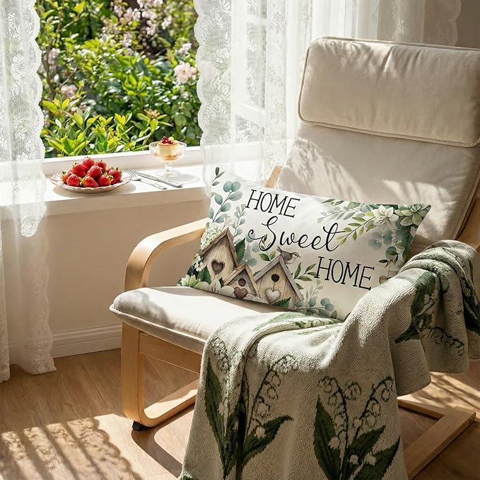 GEEORY Spring Home Sweet Home Pillow Cover 12x20 Inch, Farmhouse Birdhouse Eucalyptus Decor Throw Pillow Case for Sofa, Bedroom, Living Room
