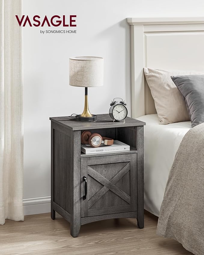 VASAGLE LIRY Collection - Farmhouse Nightstand with Barn Door, Bedside Table with Storage, Side End Table, Night Stand, Open Compartment, for Bedroom, Misty Gray ULET609G68