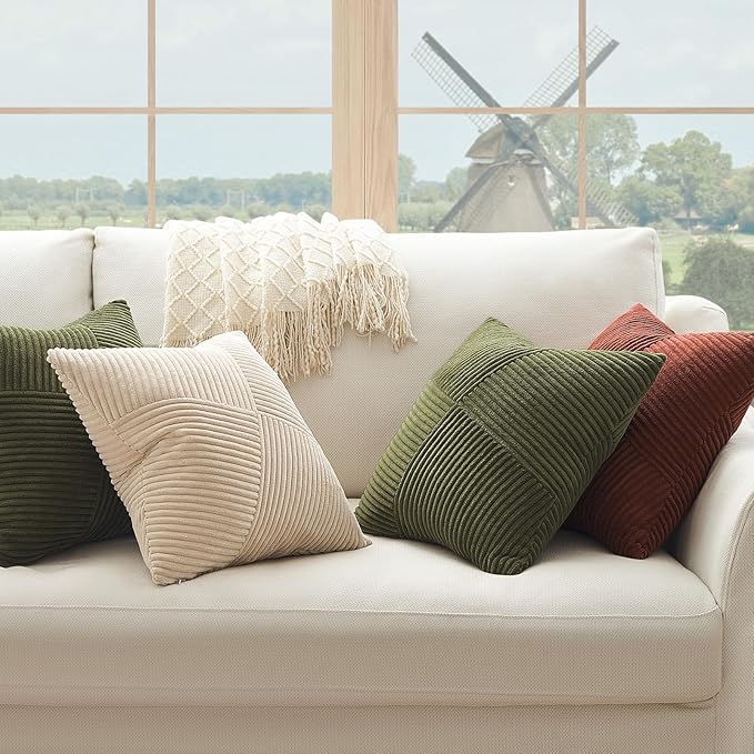 Topfinel 24x24 inches Pillow Covers Set of 2 Olive Green Corduroy Decorative Throw Pillow Covers for Sofa Couch Bed, Windmill Textured Striped Patchwork Couch Spring Pillow Case 60x60 cm