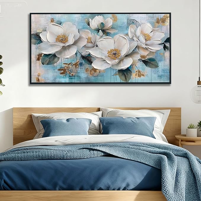 Ardemy Teal Flower Wall Art Framed Canvas for Living Room White Gold Floral Magnolia, Modern Serene Painting Bedroom Picture Textured Artwork Home Office Wall Decor, Black Wood Large 40"x20"