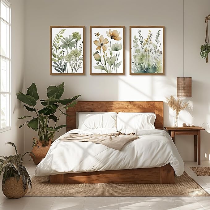 Sage Green Botanical Wall Art Boho Floral Wall Decor Minimalist Plant Canvas Pictures Flower Botanical Prints Watercolor Wildflower Poster Painting for Bathroom Bedroom 16x24x3 Inch Wood Frame