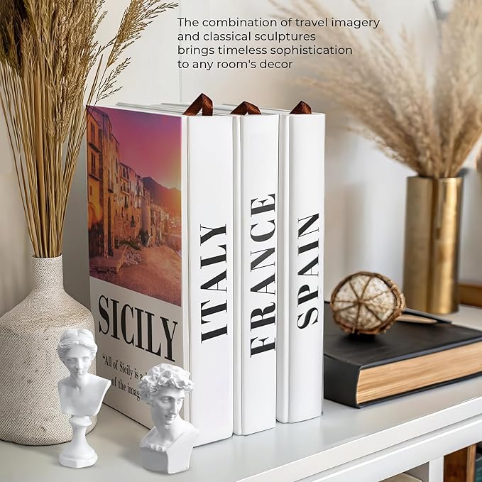 SIMPLIFY ASTHETIC - European Cities Decorative Books Set with 2 Busts Greek Methology and 3 Sets White Hardcover Coffee Table Books with Blank Pages, Home Decor Livingroom