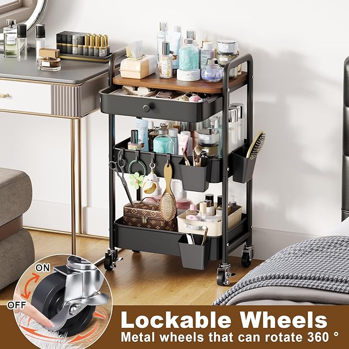 3 Tier Metal Rolling Cart with Wooden Table Top and Drawers, Black Utility Storage Cart on Wheels, Three Tiered Art Carts Organizer for Craft, Baby Diaper Caddy, Snack, Laundry, Dorm, Bedside,Bathroom