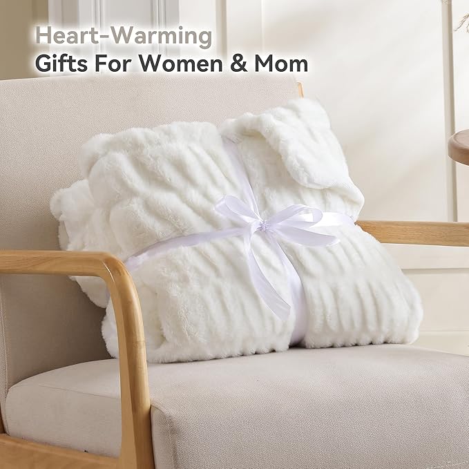 Smoofy Cream White Throw Blanket for Couch – Ultra Soft Cozy Plush Fluffy Blanket with Faux Rabbit Fur, Fuzzy Lightweight Fleece for Sofa, Bed & Office, Gift for Women, Home Room Decor Throw 60"x 80"
