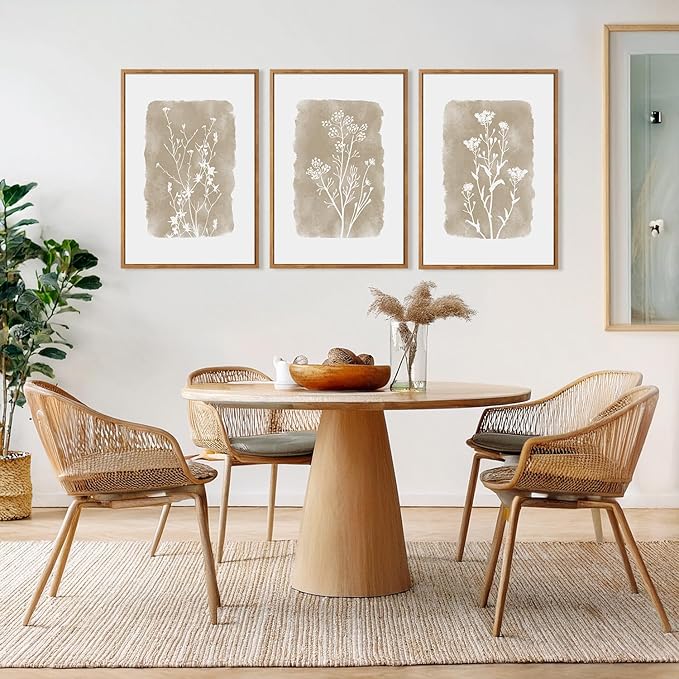 CHDITB Vintage Floral Framed Canvas Wall Art Set Of 3, Minimalist Wall Decor, Nature Inspired Wildflower Wall Painting, Neutral Botanical Flower Art Prints For Dining Room Bedroom Decor(12X16 Inch)