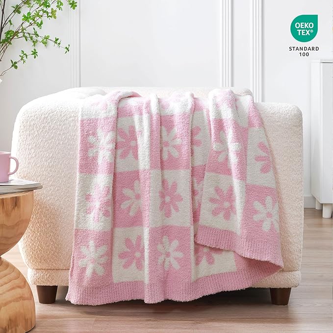 Snuggle Sac Checkered Blanket, Pink Flower Throw Blanket for Couch Plaid Microfiber Fluffy Warm Cozy Fuzzy Soft Throw Blanket Reversible Checkerered Blankets for Sofa, Chair, Bed, 50x60 inches
