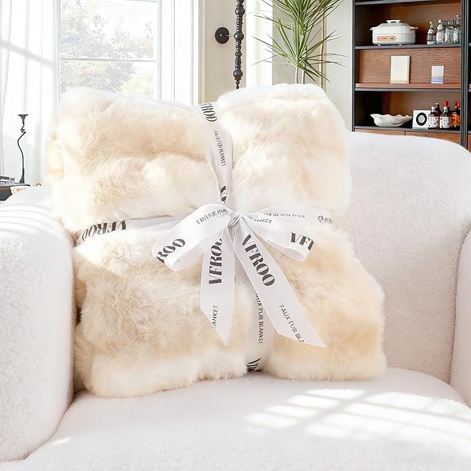 Faux Rabbit Fur Throw Blanket – 850GSM Thick & Warm, Ultra Soft Plush Blanket for Couch, Bed, Sofa, Ideal Gift for Women, 60" × 80", Beige