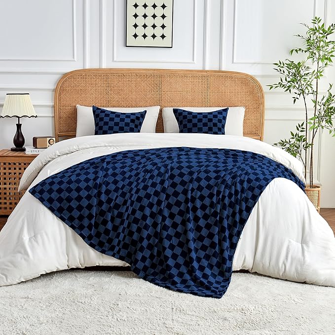 FY FIBER HOUSE Checkered Flannel Fleece Throw Blanket Soft Cozy Checkerboard Grid Print Chessboard Gingham Pattern Blankets for Bed Couch Sofa, 60"x80", Navy