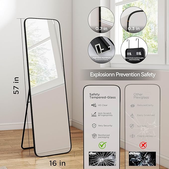 57x16 Door Hanging Full Length Mirror, Floor Stand (Height 5.7ft just Body in1.3ft) Wall Mounted Metal Frame Rectangle Dressing Mirrors for Bedroom Bathroom Room 57 inch Black