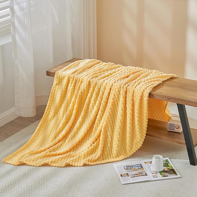 EMME Fleece Throw Blanket Luxury Flannel for Couch Bed Sofa Chair, Soft, Plush, Warm and Cozy Blanket with Geometric Grid Design (Yellow, 50'' x 60'')