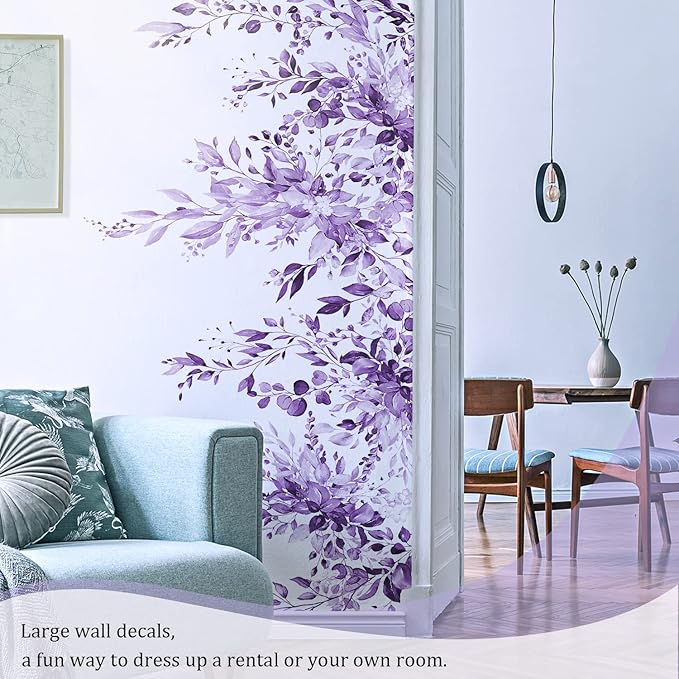 Purple Plants Leaves Wall Decals Peel and Stick, Large Floral Flowers Wall Stickers, Removable Vine Home Decor Art for Bedroom Living Room Classroom Office