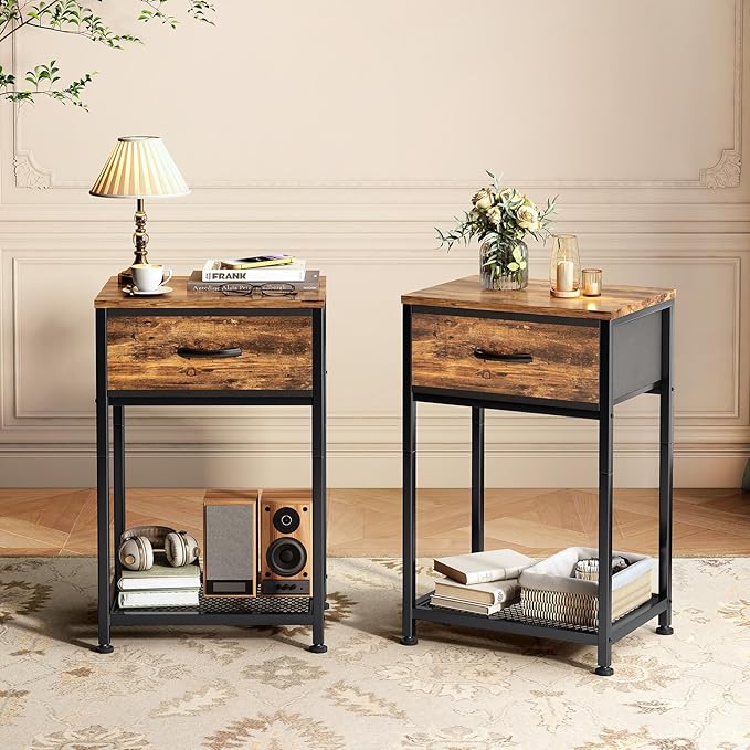 Kitstorack Night Stands Set of 2,End Tables with Drawer for Bedroom Bed Side Table for Home, Rustic Brown Wood Night Stand Bedroom Nightstands Bedside Table Set of 2