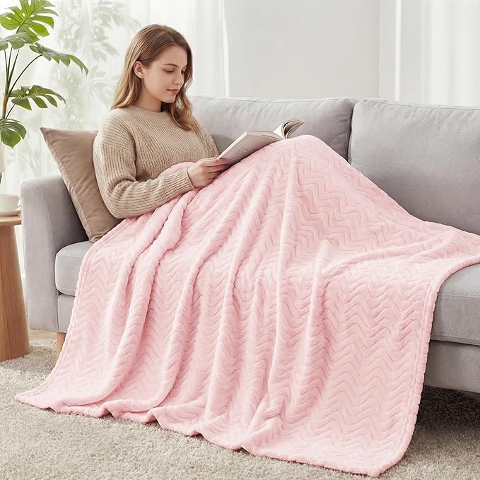 Exclusivo Mezcla Fleece Throw Blanket for Couch, Cozy Lightweight Blankets for All Season, Decorative Giftable Fuzzy Plush Wave Textured Throws for Women, Men, Light Pink, 50x70 Inches