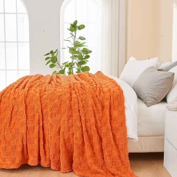 NEWCOSPLAY Super Soft Throw Blanket Orange Premium Silky Flannel Fleece 3D Checkered Lightweight Bed Blanket All Season Use (Orange Checkered, Throw(50"x70"))